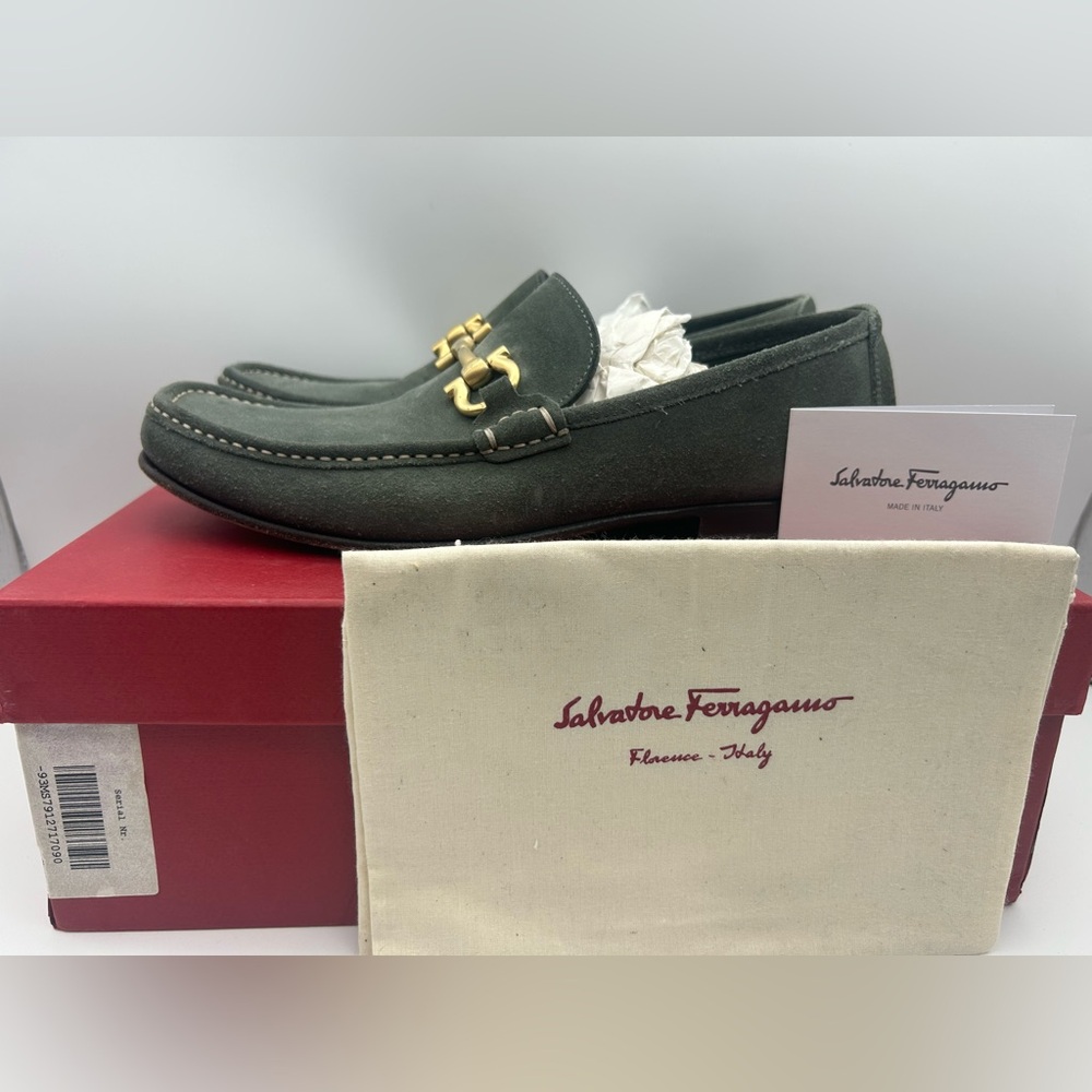 Salvatore Ferragamo Gancini Bit Loafers Men's US 9 D Green Suede Leather Gold - Picture 11 of 16